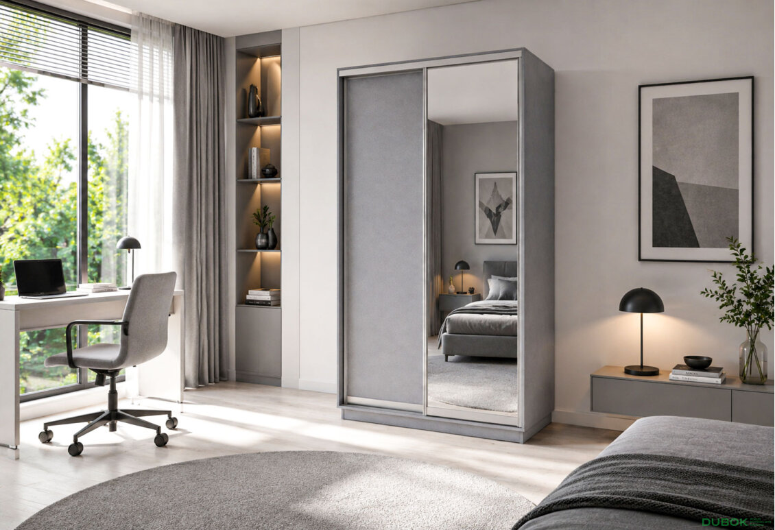Obrázek 2 - Skříň s posuvnými dveřmi 1200x2200x600 1LTD 1 Zrcadlo šedá myška, profil stříbrný