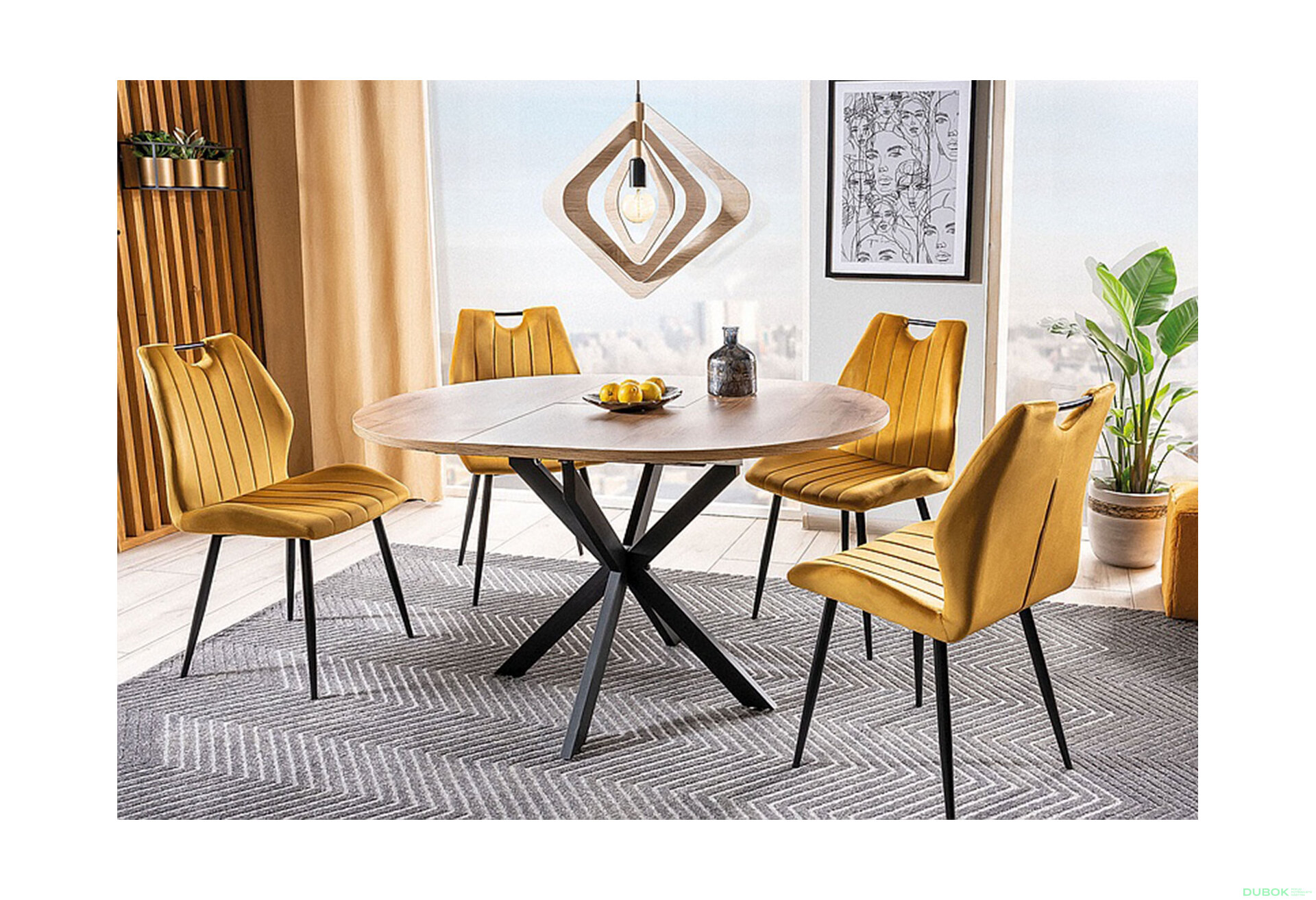 Obrázek 1 - Stůl Gaston 100(135)x100 + 4 židle Arco Velvet karí Bluvel 68 / kov černý matný