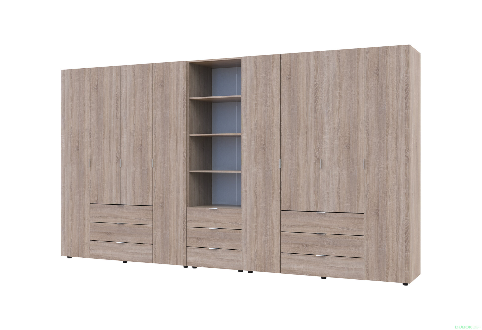Obrázek 1 - Skříň osmidveřová s regálem se zásuvkami Gelar 370 cm dub sonoma