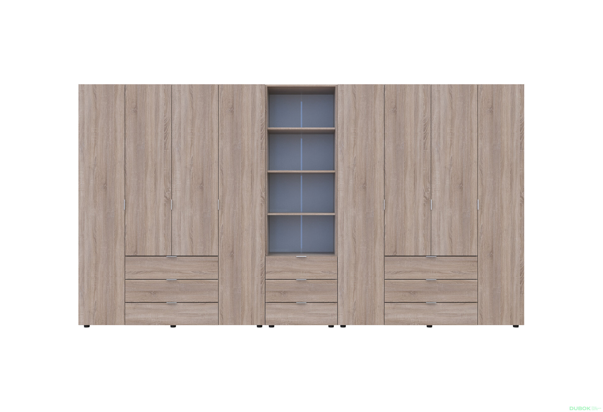 Obrázek 3 - Skříň osmidveřová s regálem se zásuvkami Gelar 370 cm dub sonoma