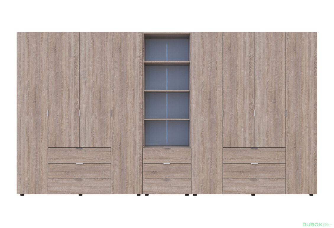 Obrázek 3 - Skříň osmidveřová s regálem se zásuvkami Gelar 370 cm dub sonoma