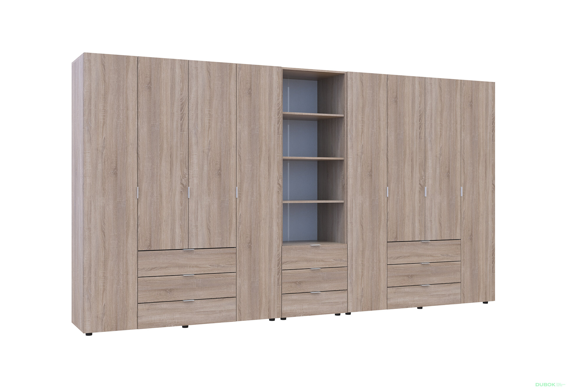 Obrázek 4 - Skříň osmidveřová s regálem se zásuvkami Gelar 370 cm dub sonoma
