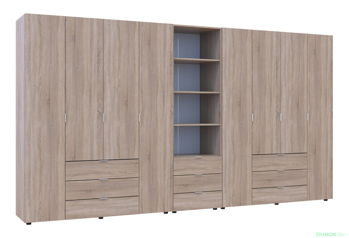 Obrázek 4 - Skříň osmidveřová s regálem se zásuvkami Gelar 370 cm dub sonoma