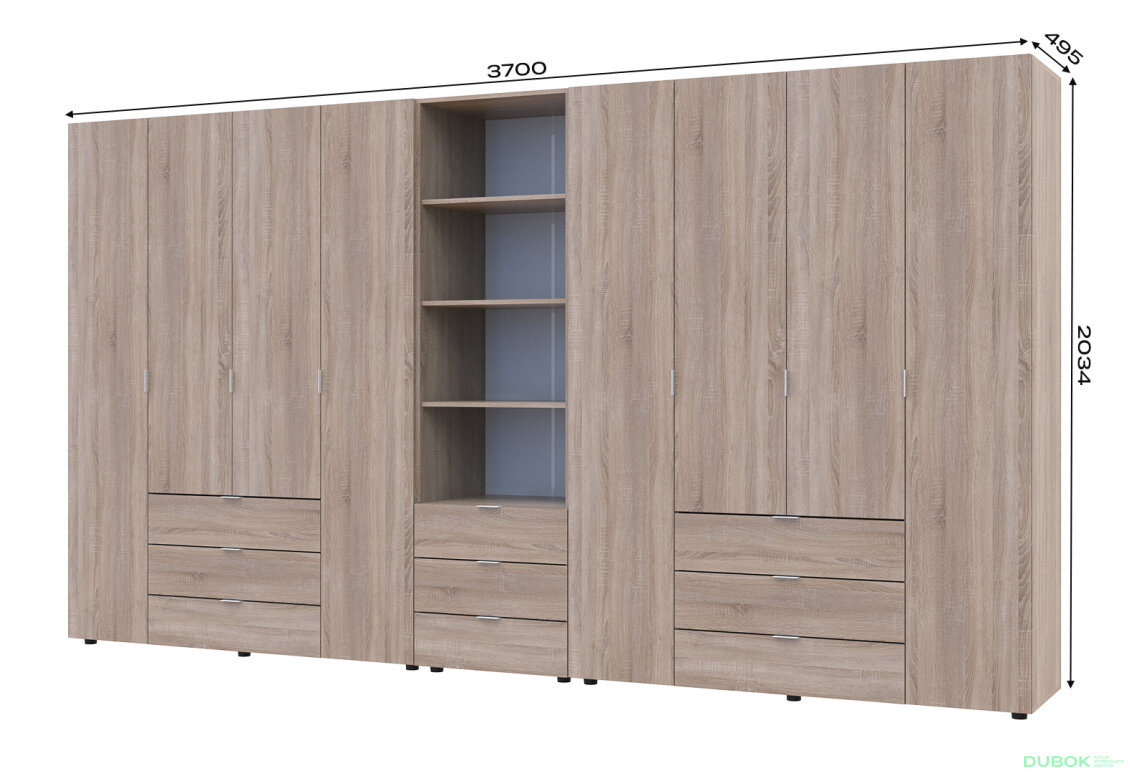 Obrázek 7 - Skříň osmidveřová s regálem se zásuvkami Gelar 370 cm dub sonoma