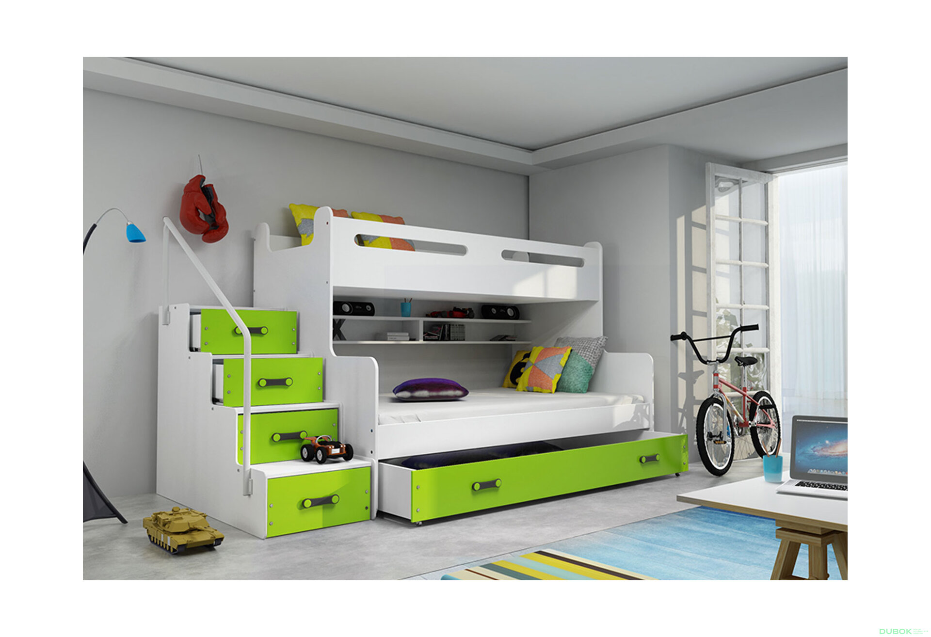 Obrázek 2 - Patrová postel Max 3 bílé / zelený 80x200 / 120x200 + zásuvka, s roštem, matrací