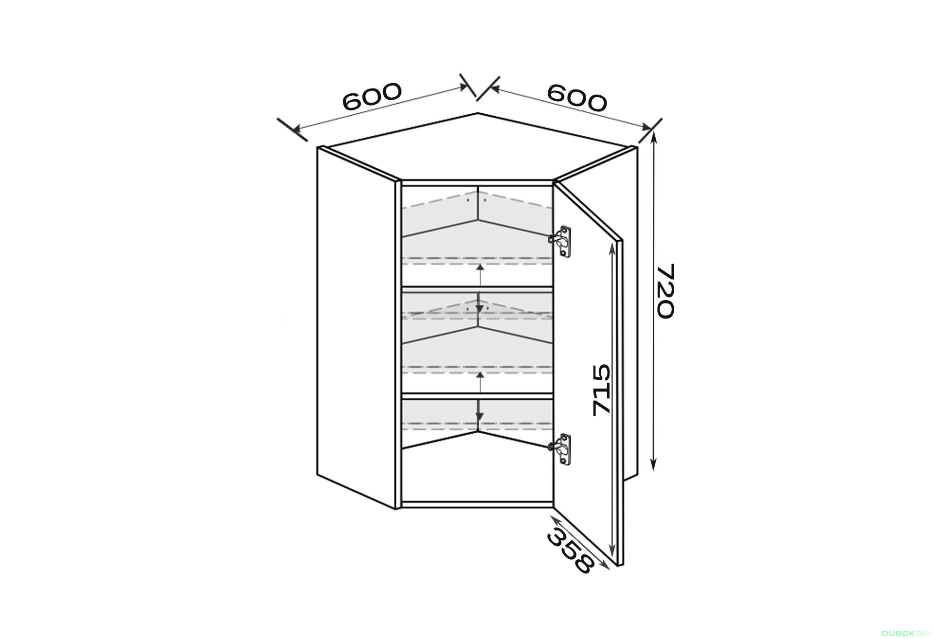 Obrázek 2 - Vrchní roh V 45°/720 (600x600) 1 dvířka pravé Millenium