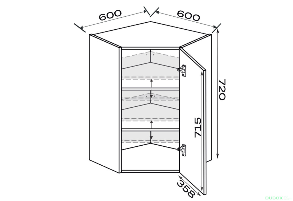 Obrázek 2 - Vrchní roh V 45°/720 (600x600) 1 dvířka pravé Millenium