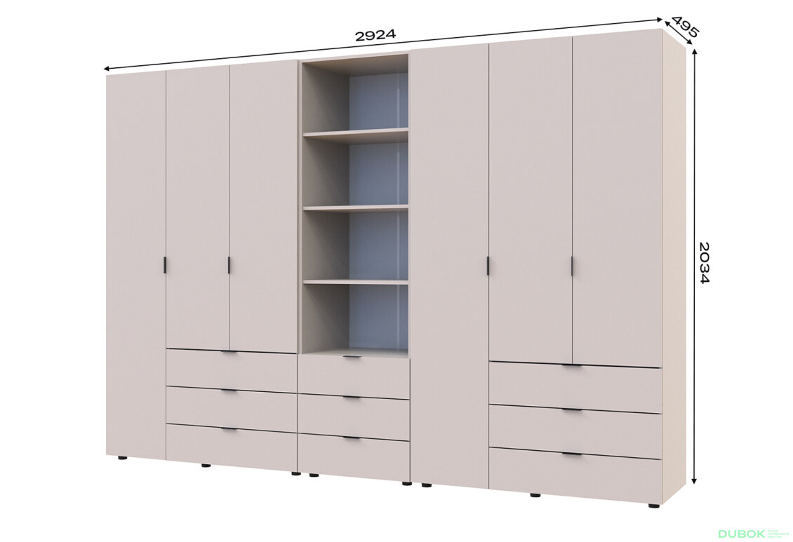 Obrázek 7 - Skříň šestidveřová s regálem se zásuvkami Gelar 292.4 cm kašemír