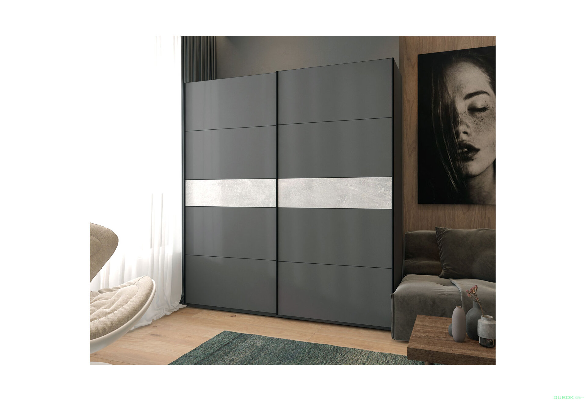 Obrázek 2 - Skříň s posuvnými dveřmi G-Caiser, 2dveřová, DTD, 220 cm, grafit / vložka beton