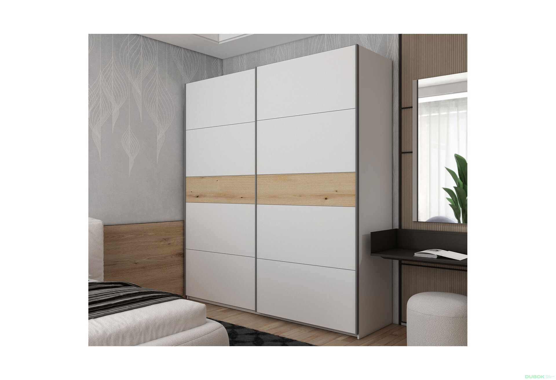 Obrázek 2 - Skříň s posuvnými dveřmi G-Caiser, 2dveřová, DTD, 220 cm, bílá / vložka dub evoke