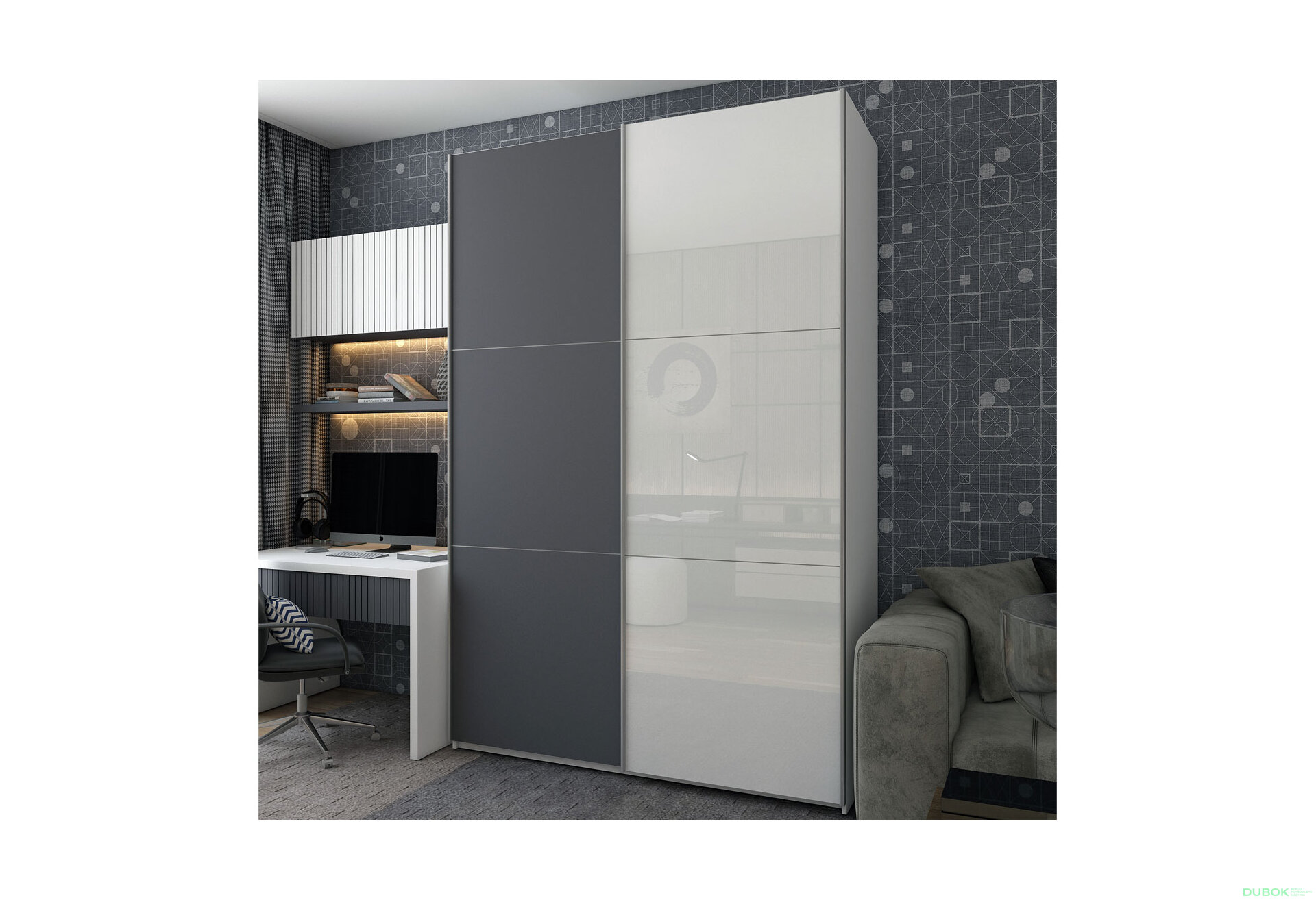 Obrázek 2 - Skříň s posuvnými dveřmi Bílý Grafit/Bílý 1 DTD / 1 sklo / 3 části 180x60x240 G-Caiser