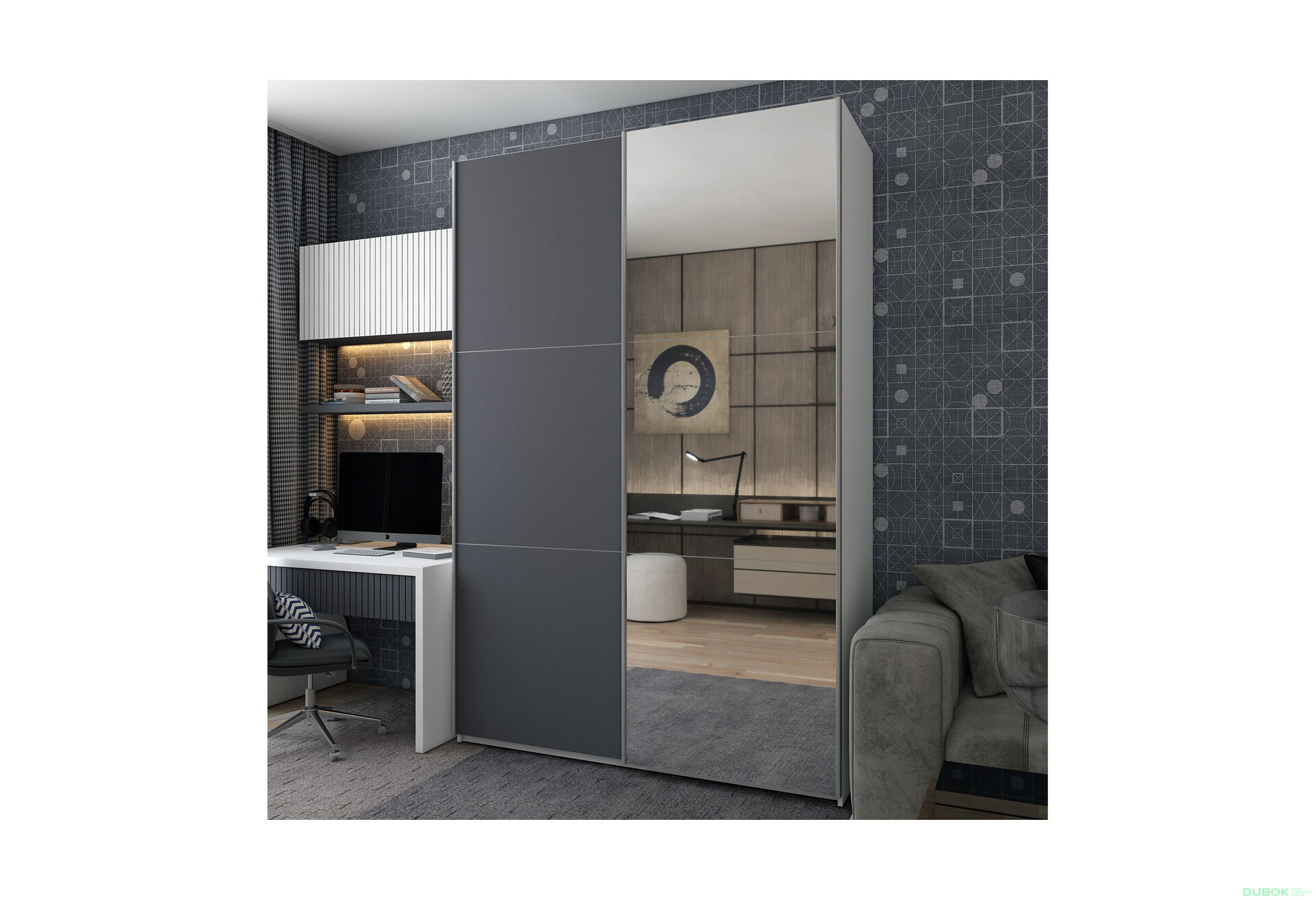 Obrázek 2 - Skříň s posuvnými dveřmi Bílý Grafit 1 DTD / 1 zrcadlo 180x60x240 G-Caiser