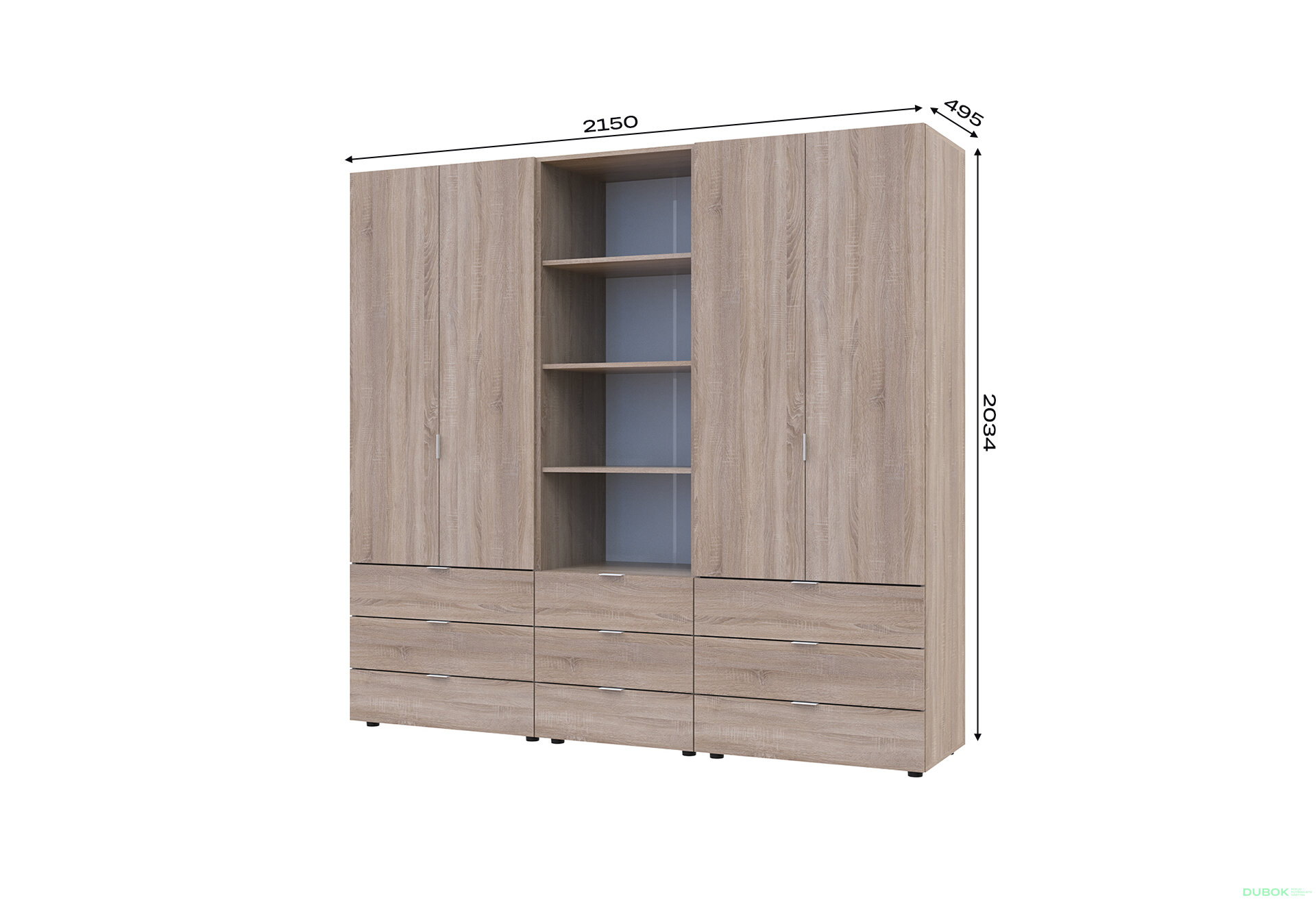 Obrázek 7 - Skříň čtyřdveřová s regálem se zásuvkami Gelar 215 cm dub sonoma