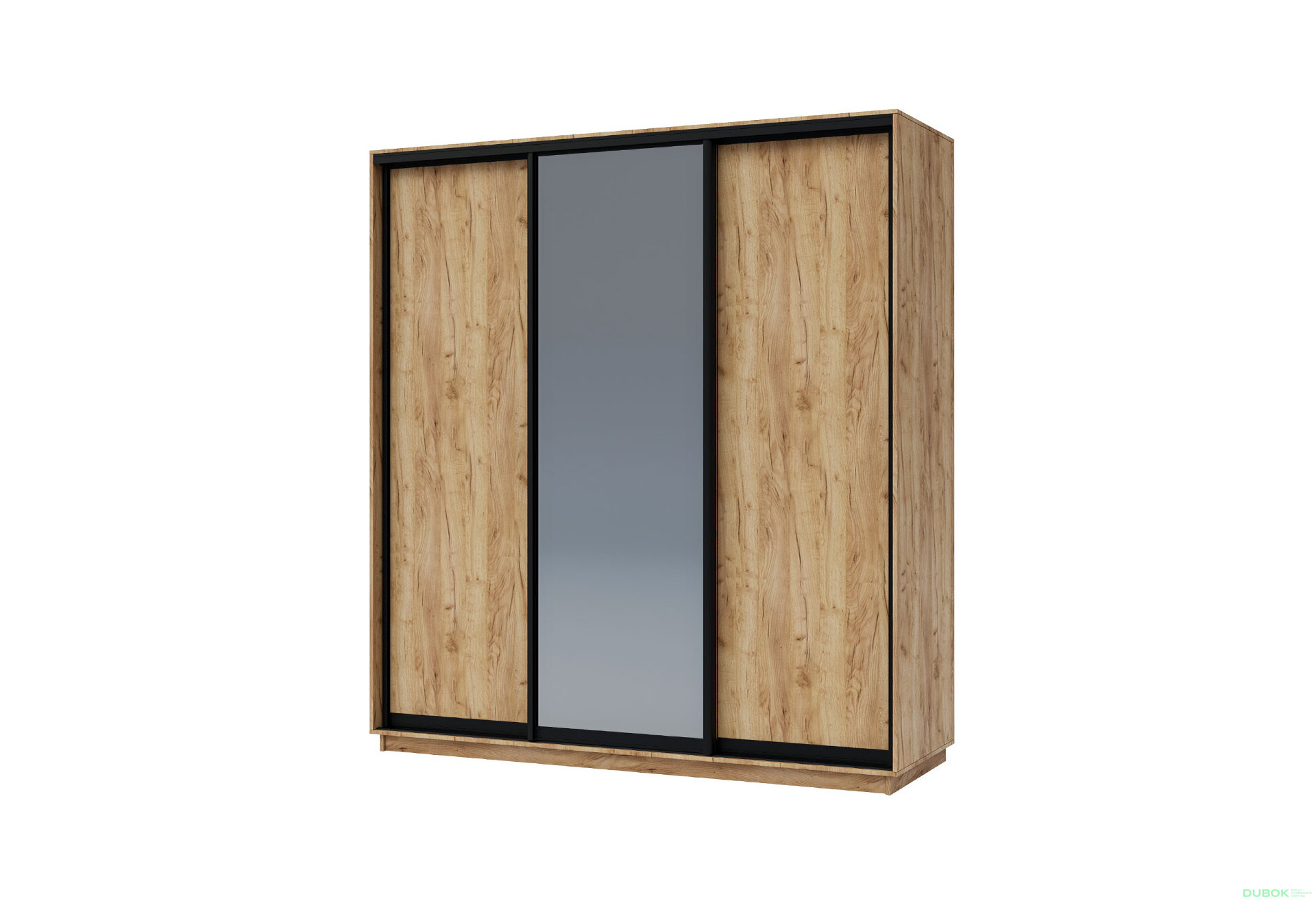 Obrázek 1 - Skříň 200x240x60 dub kraft zlatý, 2 dřevotříska+1 zrcadlo grafit, černý matný profil Vystavený kus