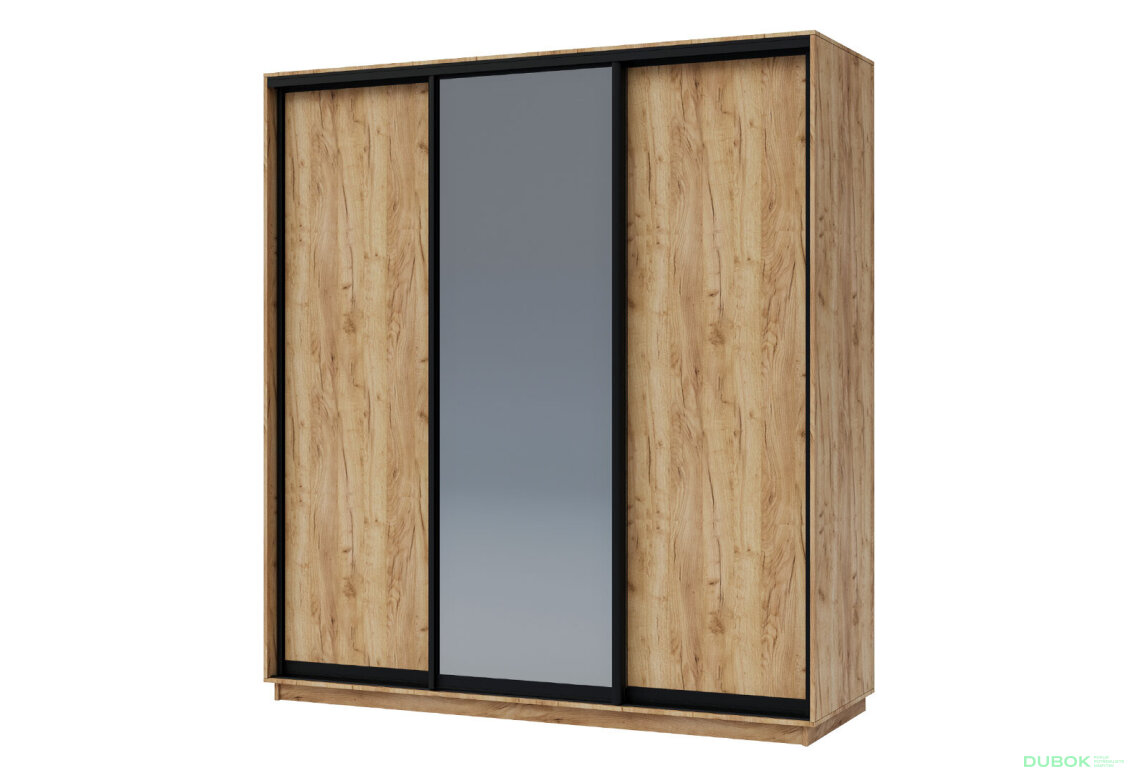 Skříň 200x240x60 dub kraft zlatý, 2 dřevotříska+1 zrcadlo grafit, černý matný profil Vystavený kus