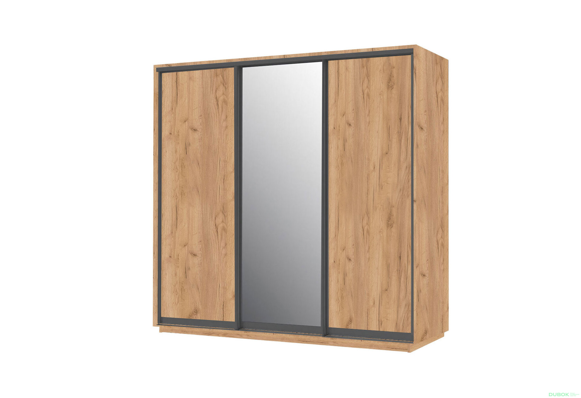 Obrázek 2 - Skříň 200x240x60 dub kraft zlatý, 2 dřevotříska+1 zrcadlo grafit, černý matný profil Vystavený kus