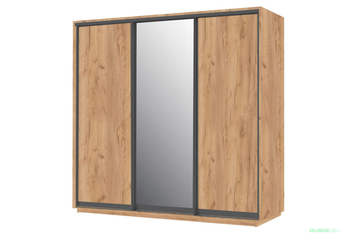 Obrázek 2 - Skříň 200x240x60 dub kraft zlatý, 2 dřevotříska+1 zrcadlo grafit, černý matný profil Vystavený kus