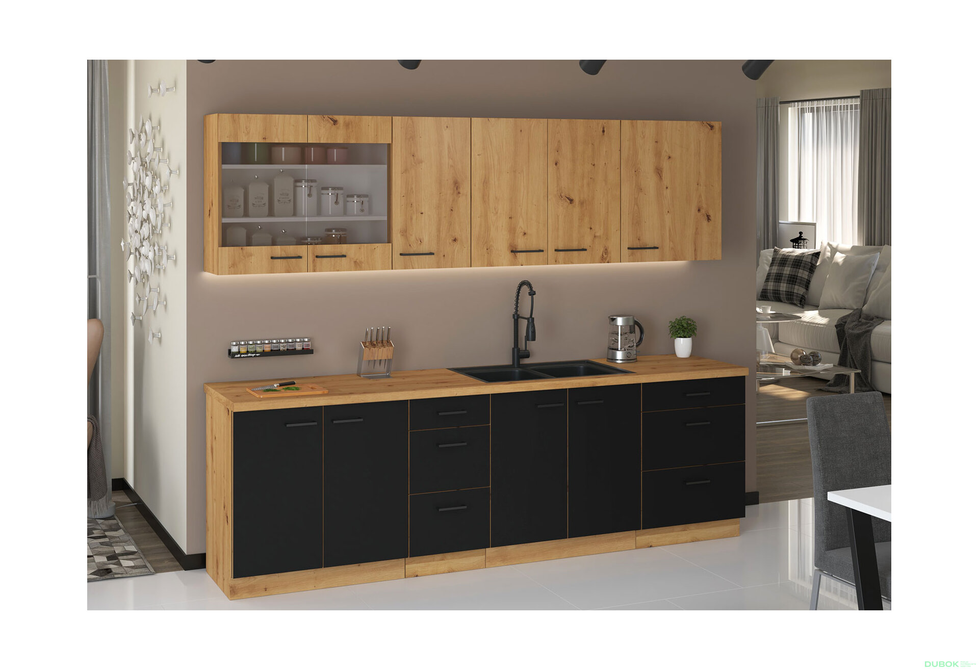 Obrázek 1 - Kuchyňská sestava 2.6 m (II) dub artisan / černý mat Modena