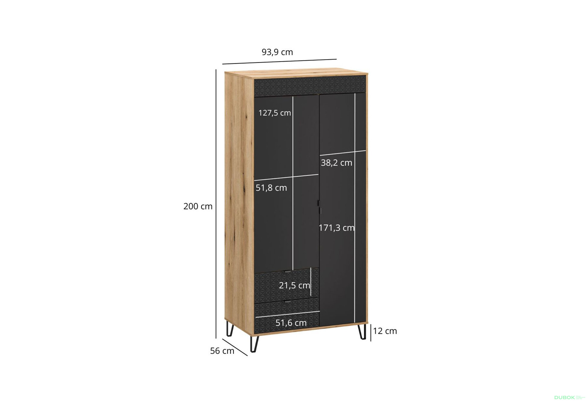 Obrázek 3 - Skříň dvoudveřová se zásuvkami Bellano 93.9x200x56 cm Dub evoke / Černá