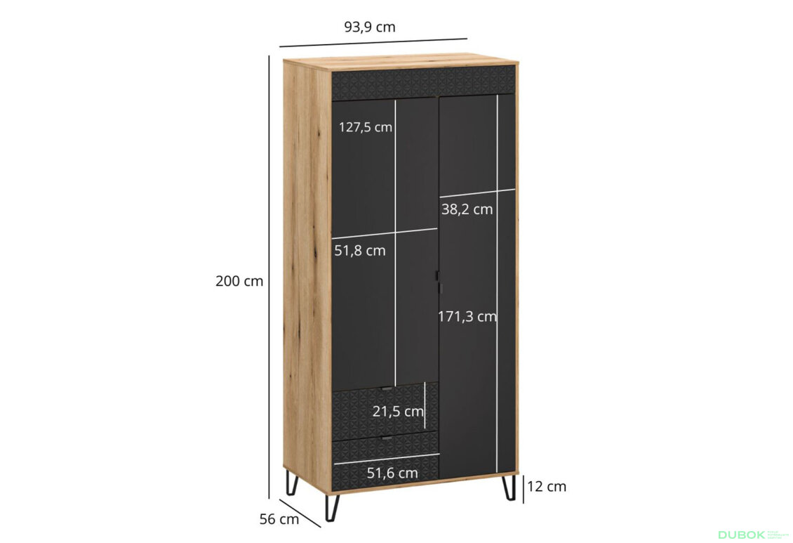 Obrázek 3 - Skříň dvoudveřová se zásuvkami Bellano 93.9x200x56 cm Dub evoke / Černá