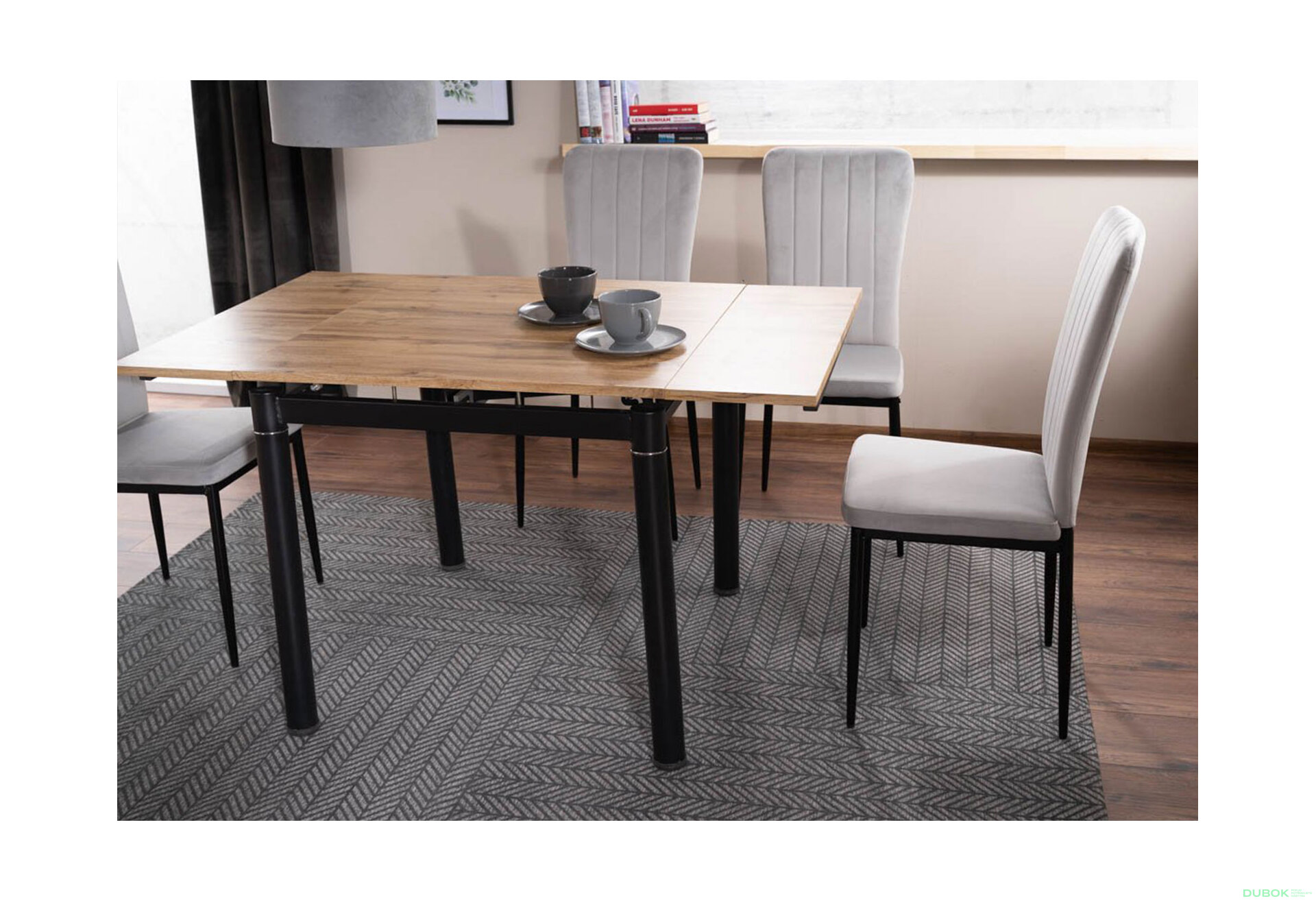 Obrázek 2 - Stůl GD-082 80(131)x80 dub artisan + 4 židle H-733 šedý Gandar 06 / matná černá kov