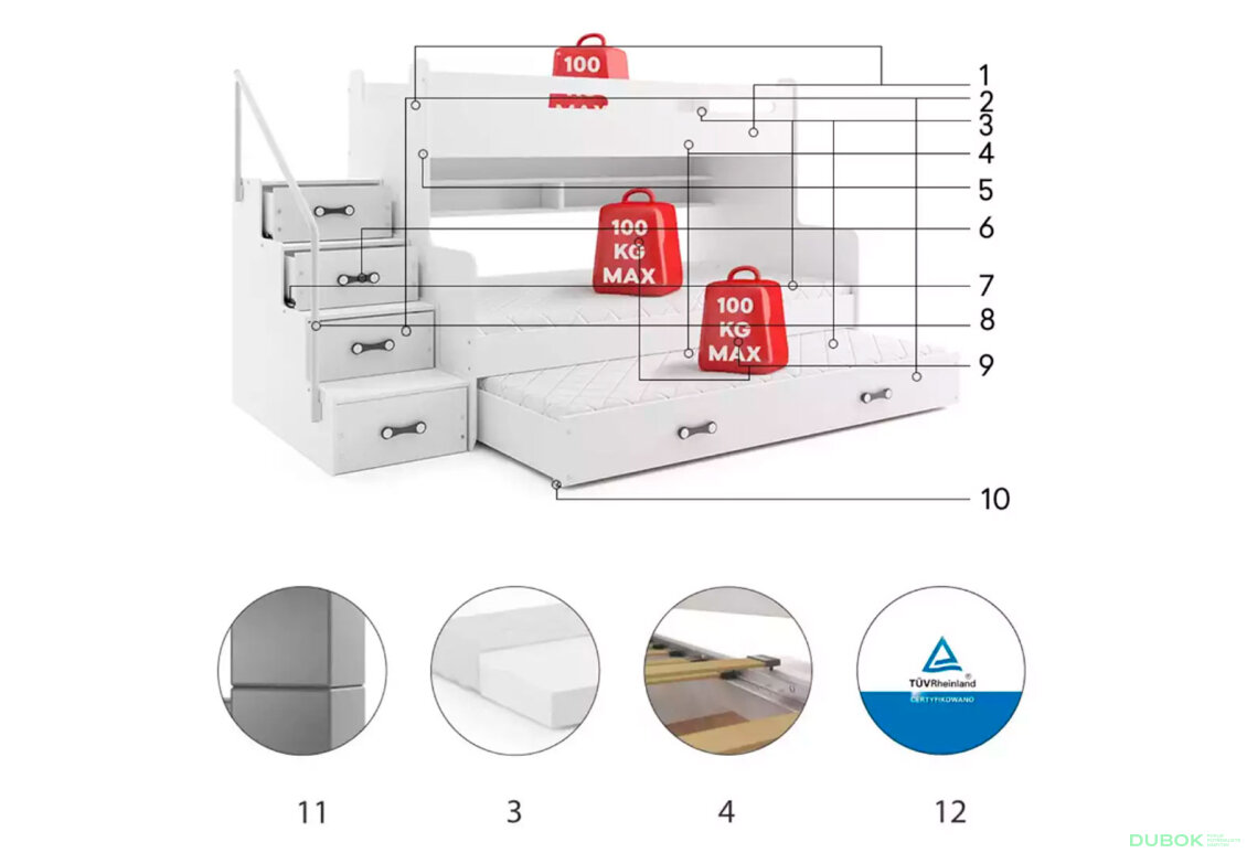 Obrázek 5 - Patrová postel Max 3 pro tři osoby bílé 80x200 / 120x200 / 80x190, s roštem, matrací