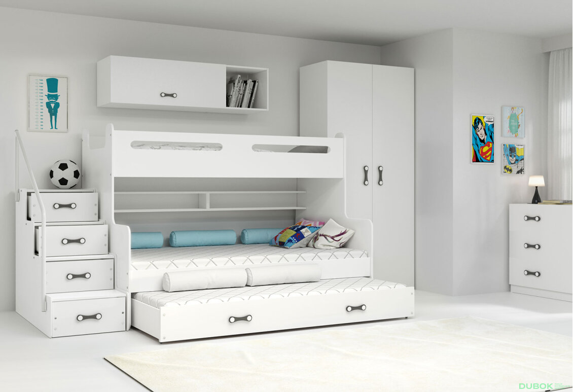 Obrázek 2 - Patrová postel Max 3 pro tři osoby bílé 80x200 / 120x200 / 80x190, s roštem, matrací