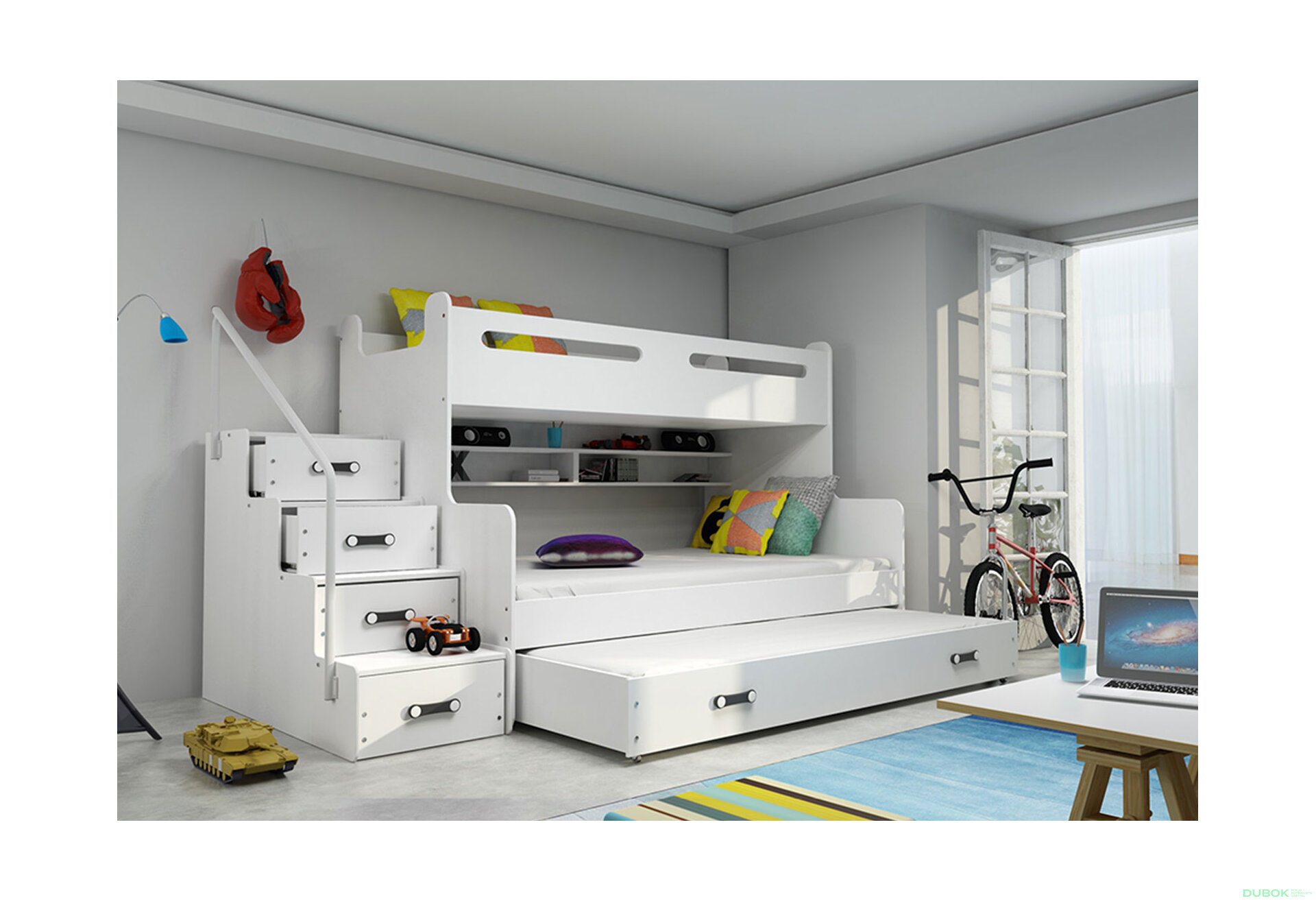Obrázek 3 - Patrová postel Max 3 pro tři osoby bílé 80x200 / 120x200 / 80x190, s roštem, matrací