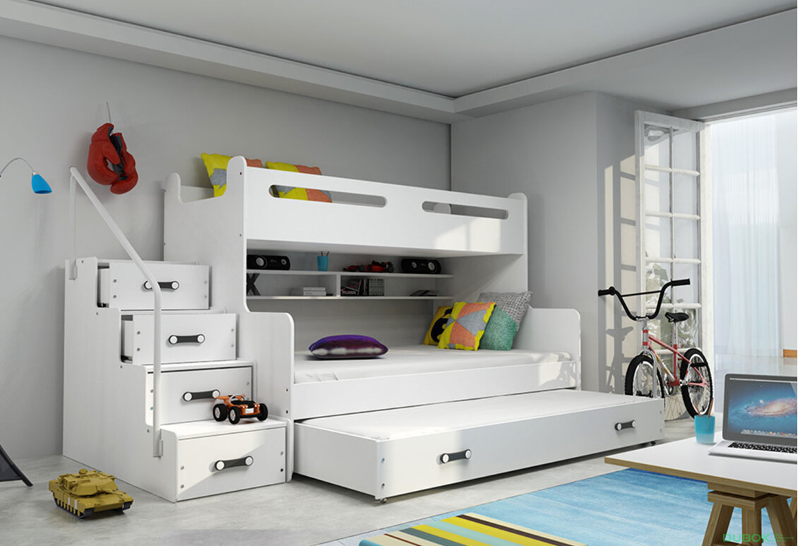 Obrázek 3 - Patrová postel Max 3 pro tři osoby bílé 80x200 / 120x200 / 80x190, s roštem, matrací