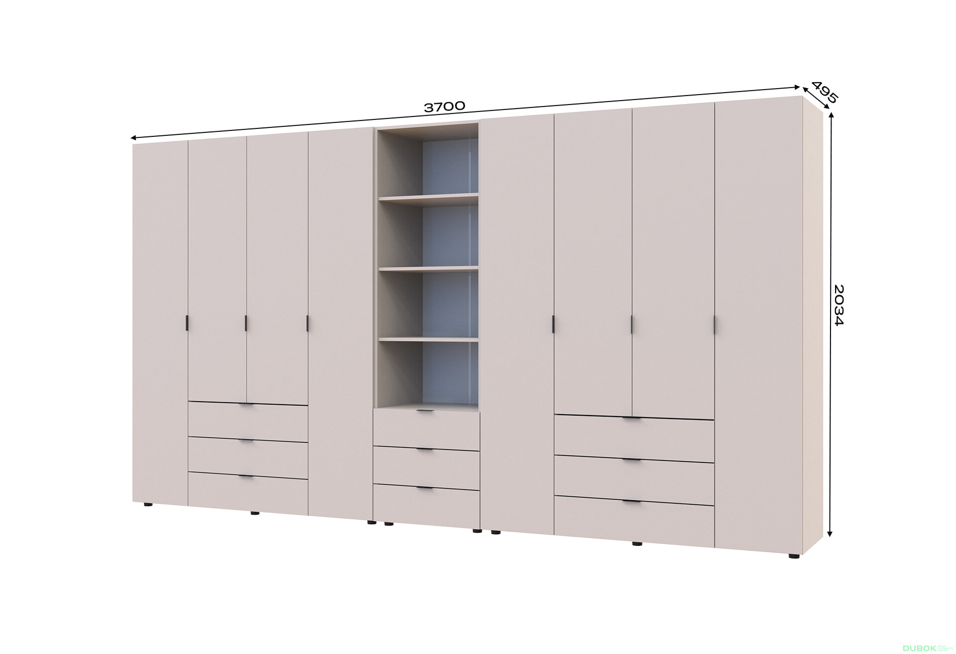 Obrázek 7 - Skříň osmidveřová s regálem se zásuvkami Gelar 370 cm kašemír