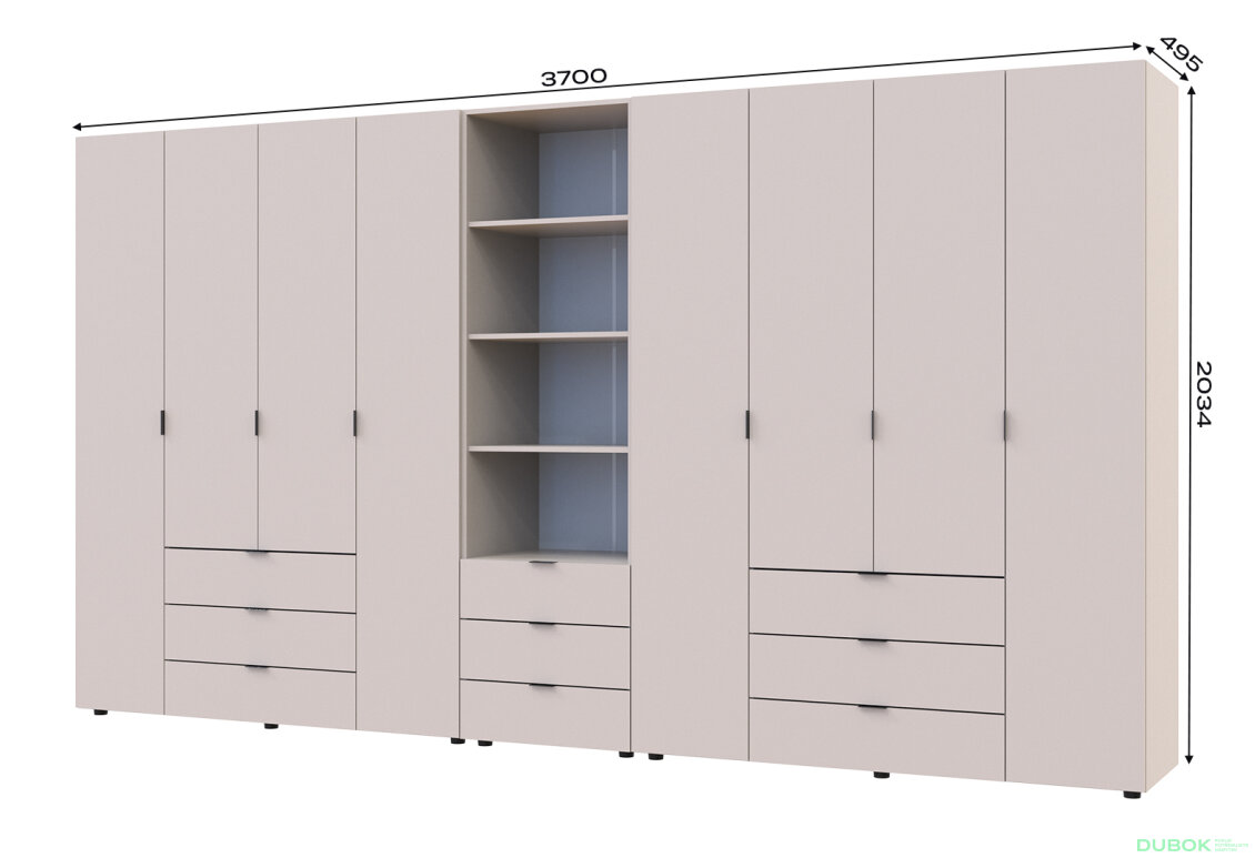 Obrázek 7 - Skříň osmidveřová s regálem se zásuvkami Gelar 370 cm kašemír