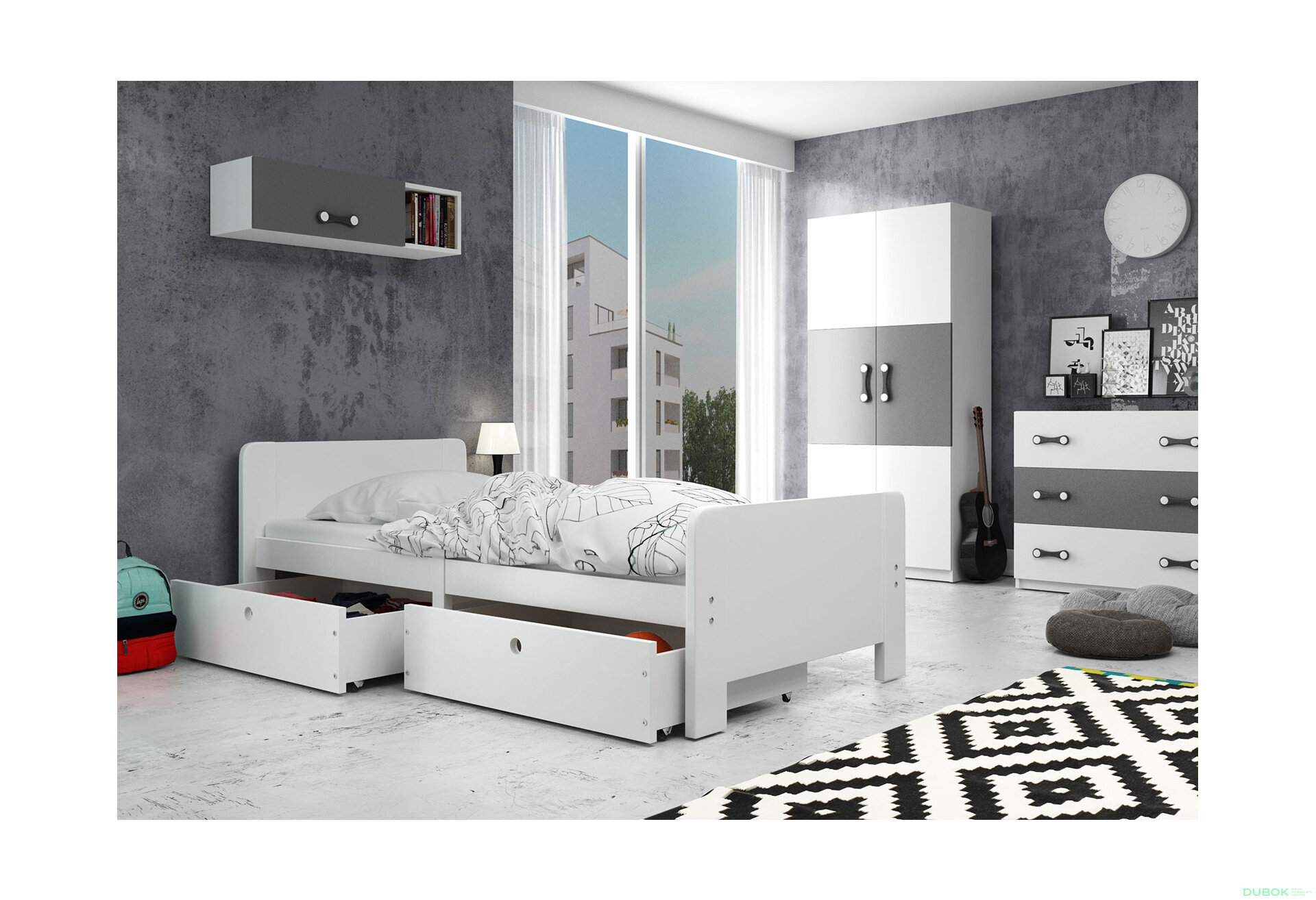 Obrázek 2 - Postel Arek bílé + zásuvka 80x200 cm s roštem, matrací