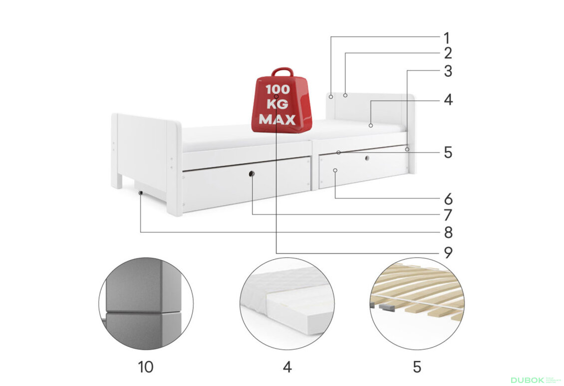 Obrázek 3 - Postel Arek bílé + zásuvka 80x200 cm s roštem, matrací